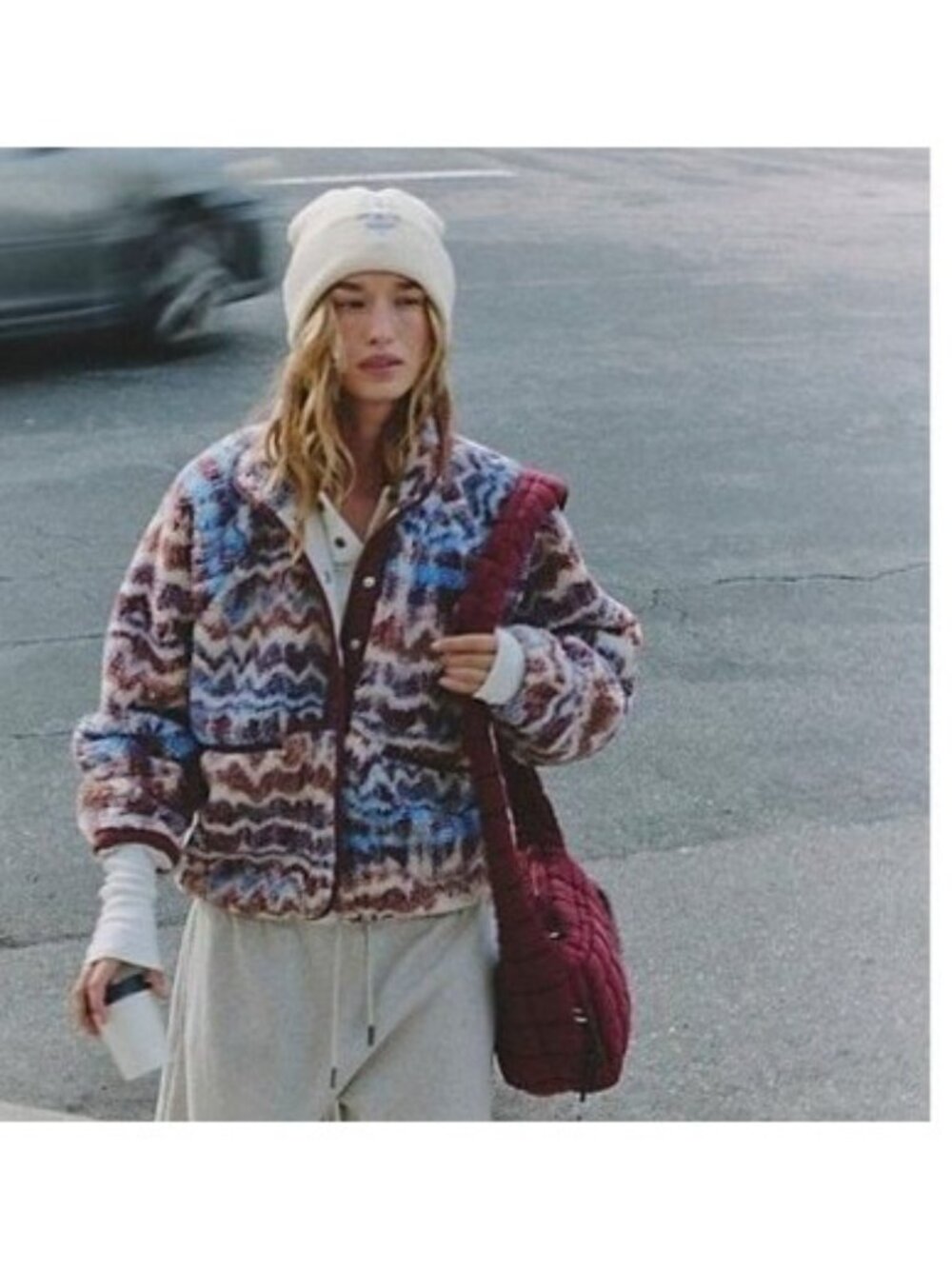Free People Hit The Slopes Fleece Jacket Denim Combo Retro Casual Cozy Womens L